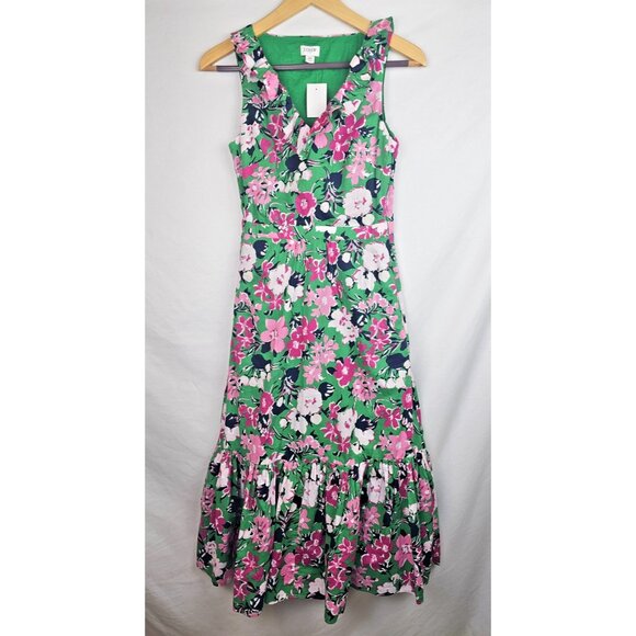 J.Crew Women's Dress Size 00 Green Floral Ruffle Sleeveless Midi Dress Spring - Picture 1 of 16